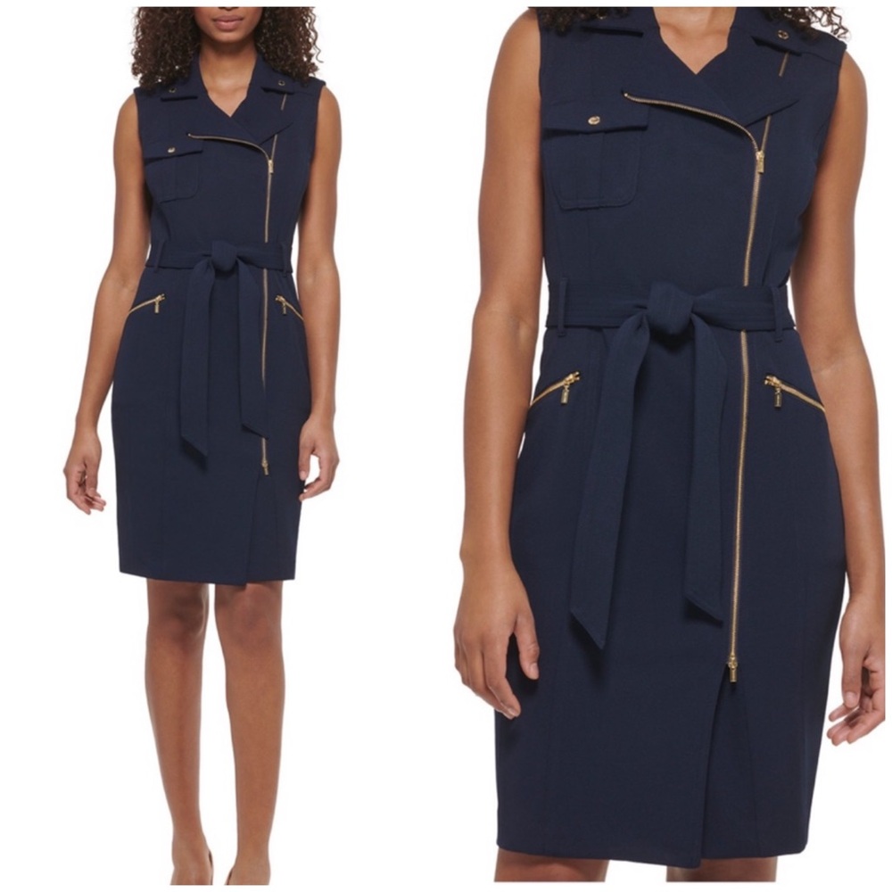 Calvin Klein Navy and Gold Asymmetrical Moto Sheath Dress